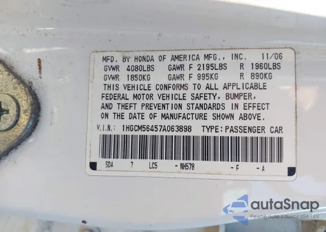 2007 Honda Accord 2.4 Lx из США, поврежденный, VIN 1HGCM56457A063898